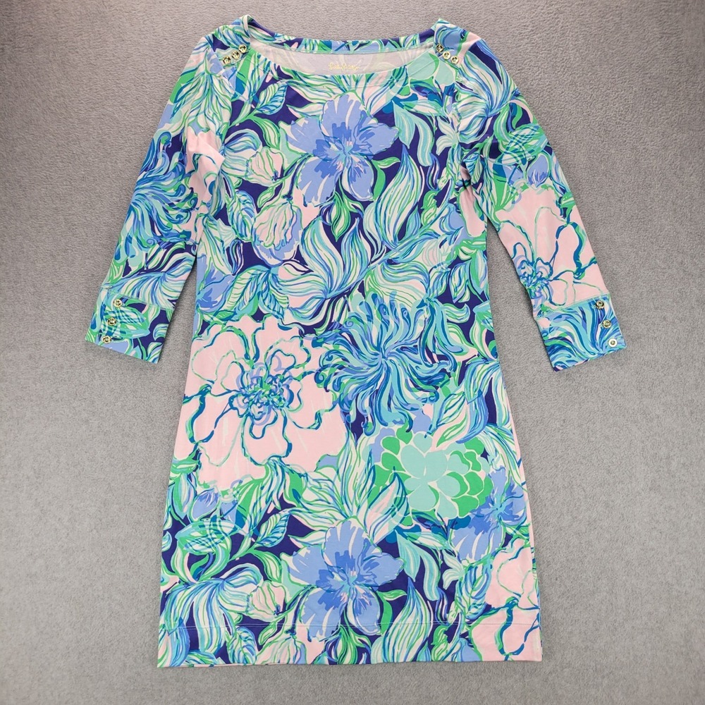 Lilly Pulitzer Sophie Shift Dress Pink‎ Blue Floral Gold Button Shoulder Small